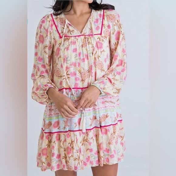 Karlie Floral Print Boho Relaxed Fit Dress In Pink And Yellow Size S - Picture 1 of 12